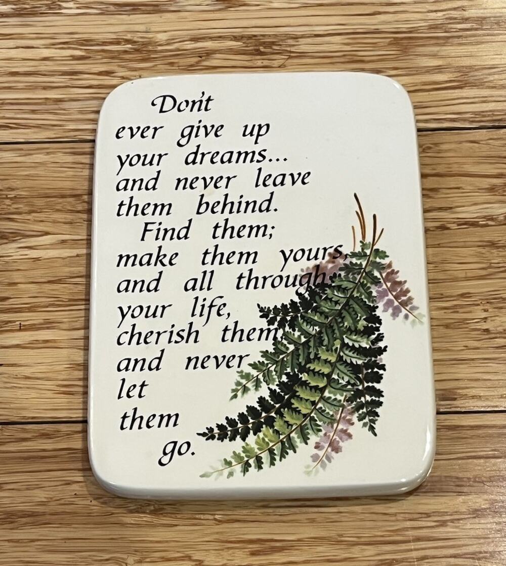 NEVER GIVE UP Dreams Porcelain PLAQUE SIGN inspirational Ferns 1987 Dana’s Molds